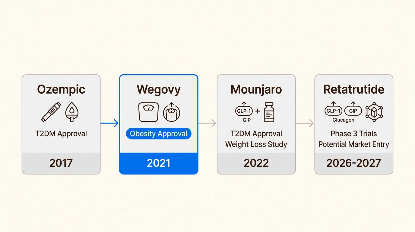 This timeline illustrates the rapid advancement of incretin mimetic drugs, showing Retatrutide's potential to redefine metabolic health.